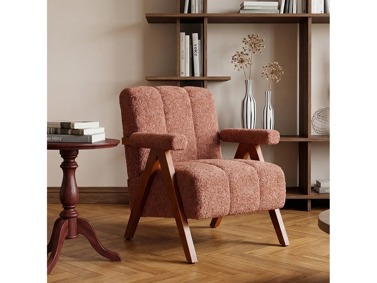 Siège en tissu bouclé avec structure en bois, fauteuil pour salon et chambre, rouge rouille