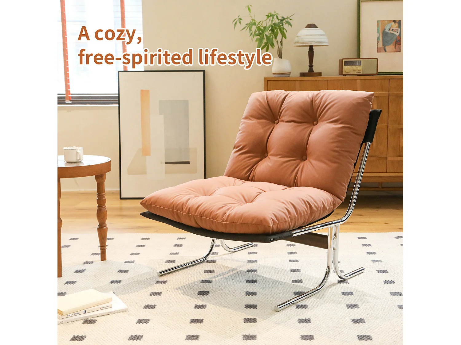 Fauteuil relax marron en similicuir, style Barcelone, pieds chromés, assise rembourrée, salon