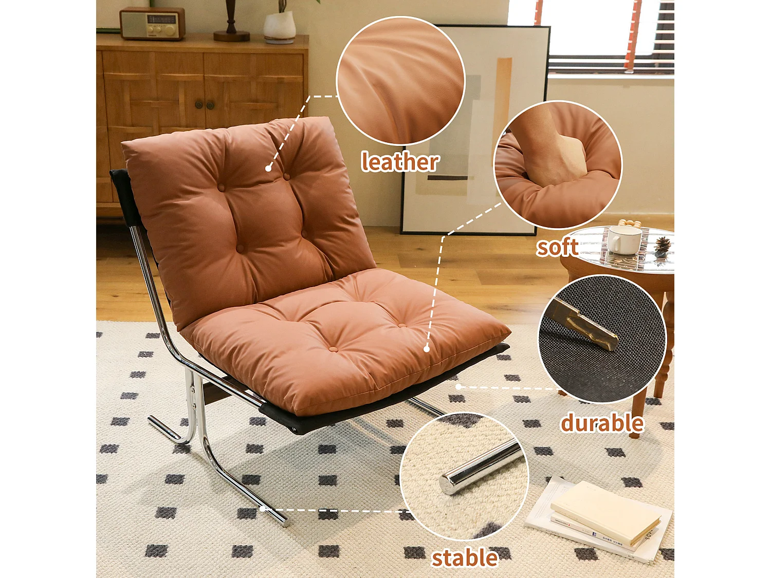 Fauteuil relax marron en similicuir, style Barcelone, pieds chromés, assise rembourrée, salon