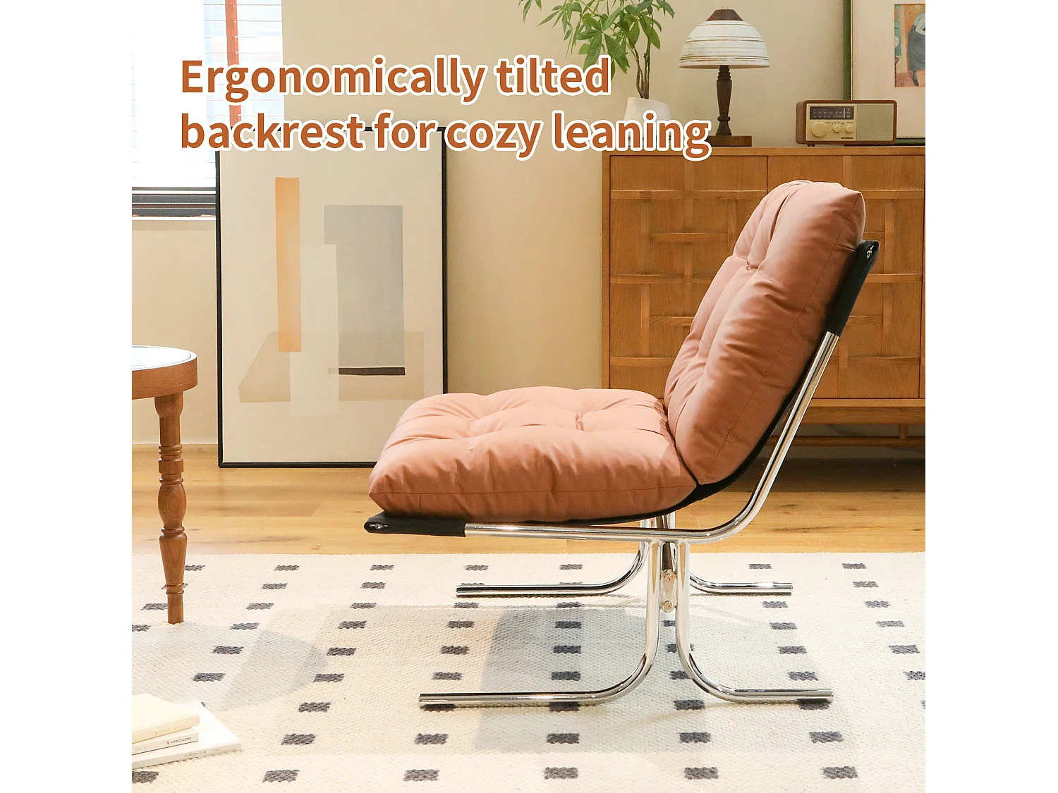 Fauteuil relax marron en similicuir, style Barcelone, pieds chromés, assise rembourrée, salon