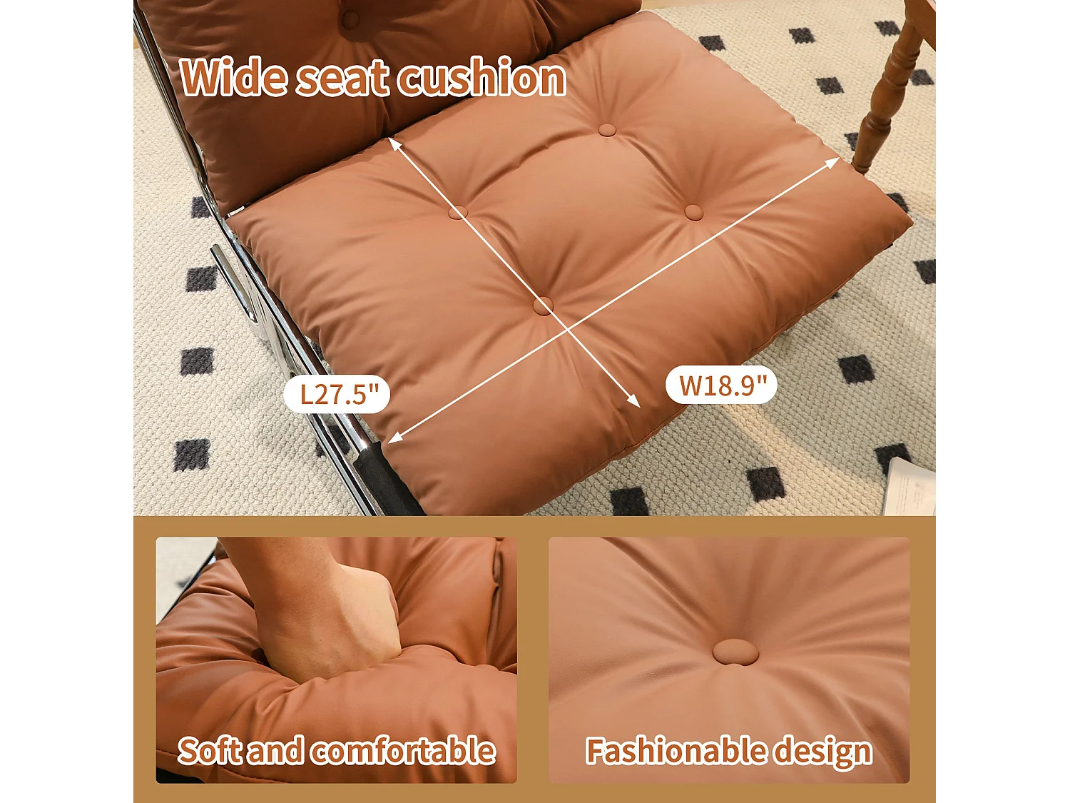 Fauteuil relax marron en similicuir, style Barcelone, pieds chromés, assise rembourrée, salon