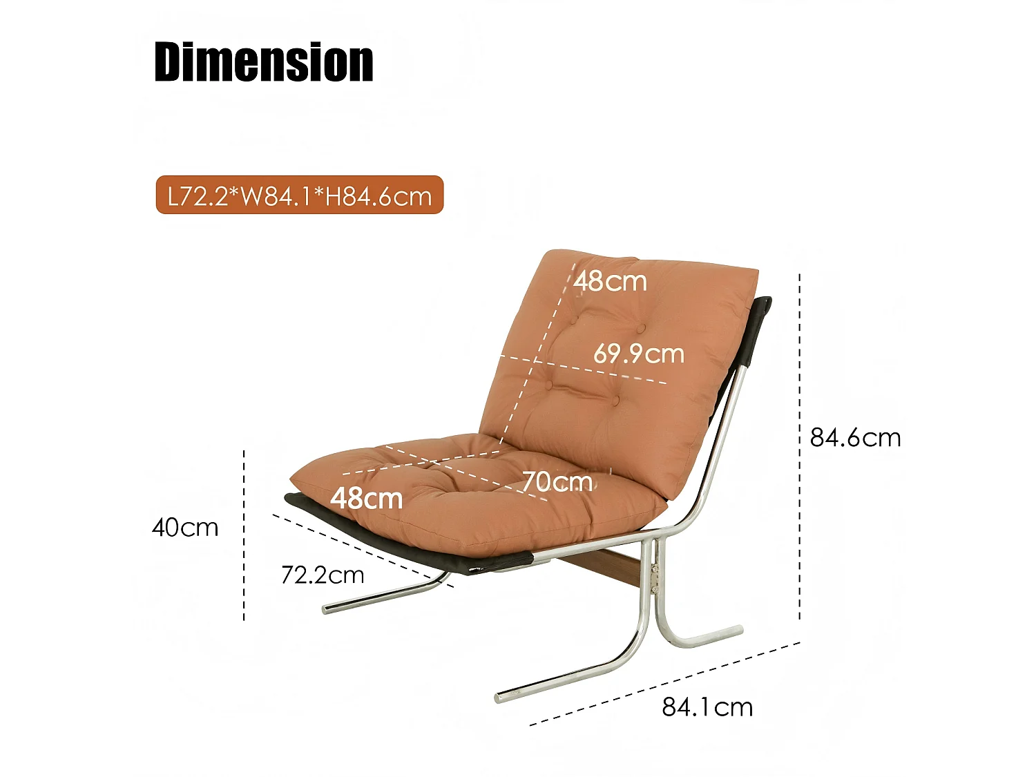 Fauteuil relax marron en similicuir, style Barcelone, pieds chromés, assise rembourrée, salon