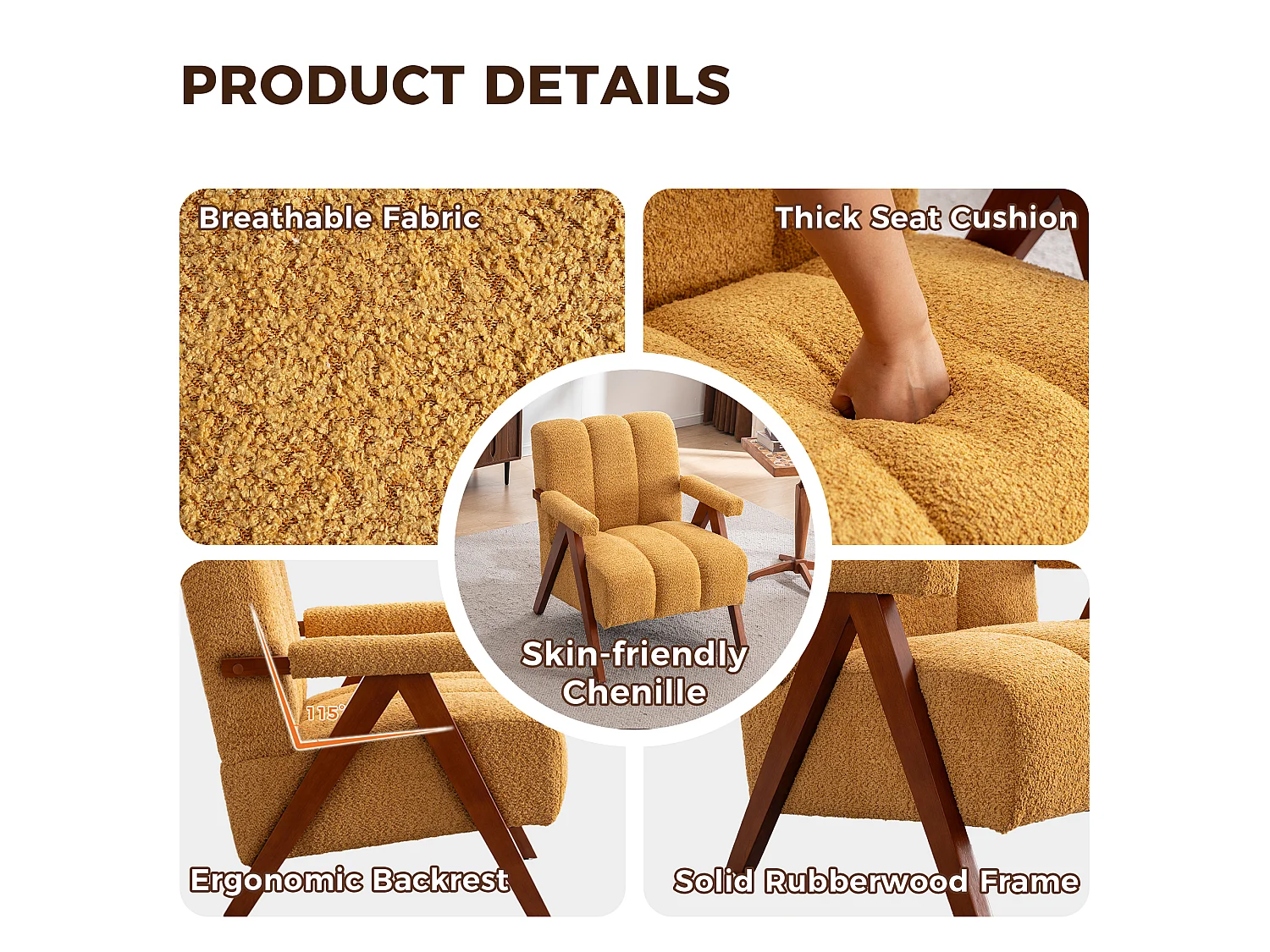 Fauteuil jaune en tissu bouclé avec structure en bois, pour salon ou chambre