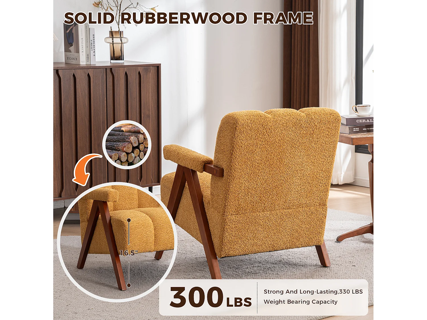 Fauteuil jaune en tissu bouclé avec structure en bois, pour salon ou chambre