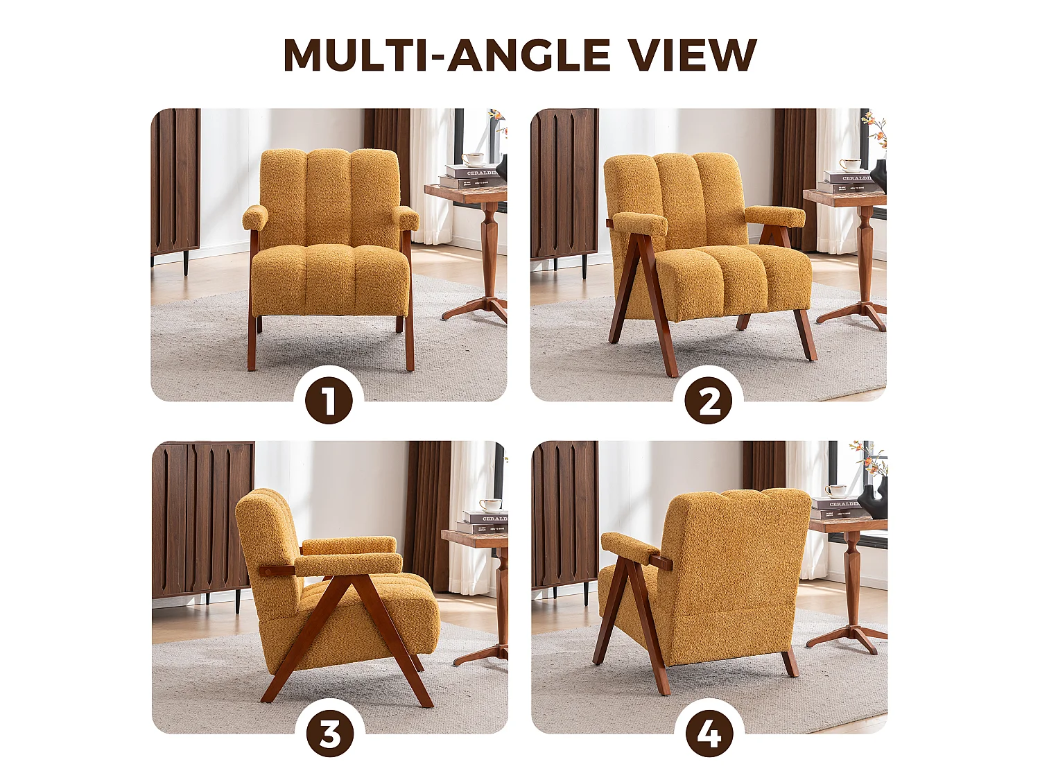 Fauteuil jaune en tissu bouclé avec structure en bois, pour salon ou chambre
