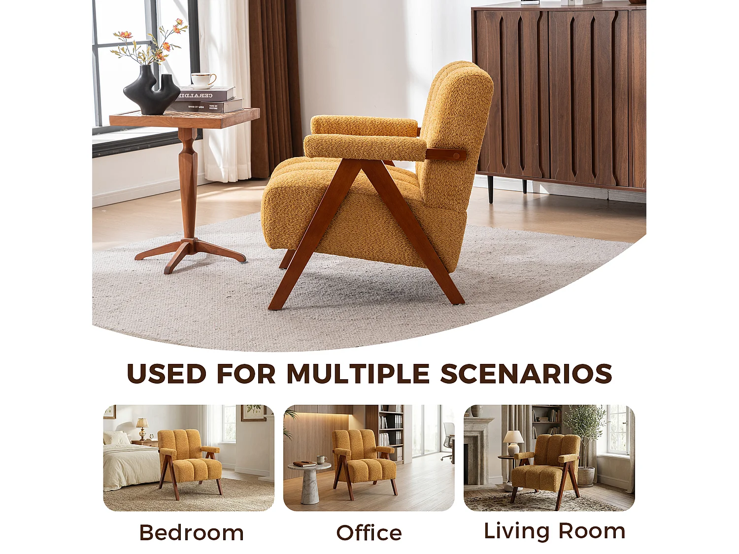 Fauteuil jaune en tissu bouclé avec structure en bois, pour salon ou chambre
