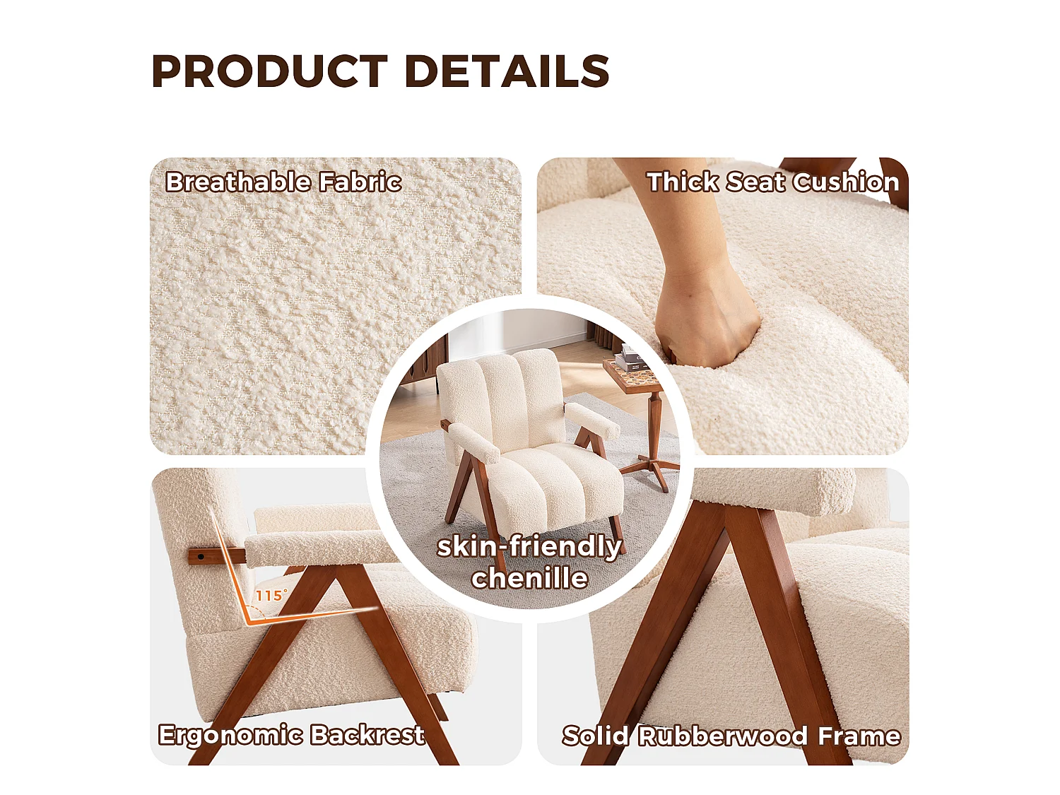 Fauteuil en tissu bouclé beige, dossier nervuré, pieds bois, design scandinave, salon