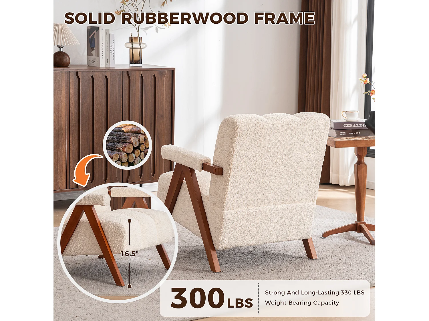 Fauteuil en tissu bouclé beige, dossier nervuré, pieds bois, design scandinave, salon
