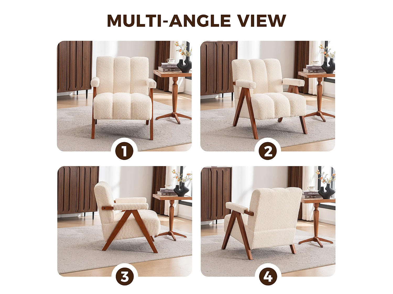 Fauteuil en tissu bouclé beige, dossier nervuré, pieds bois, design scandinave, salon