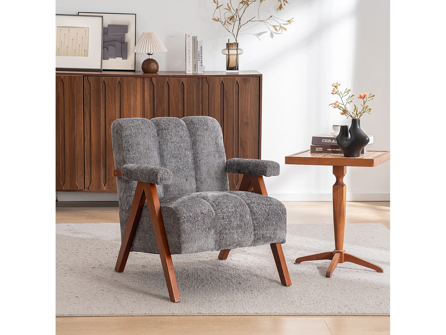 Fauteuil d'appoint en tissu bouclé avec structure en bois, pour salon et chambre, gris