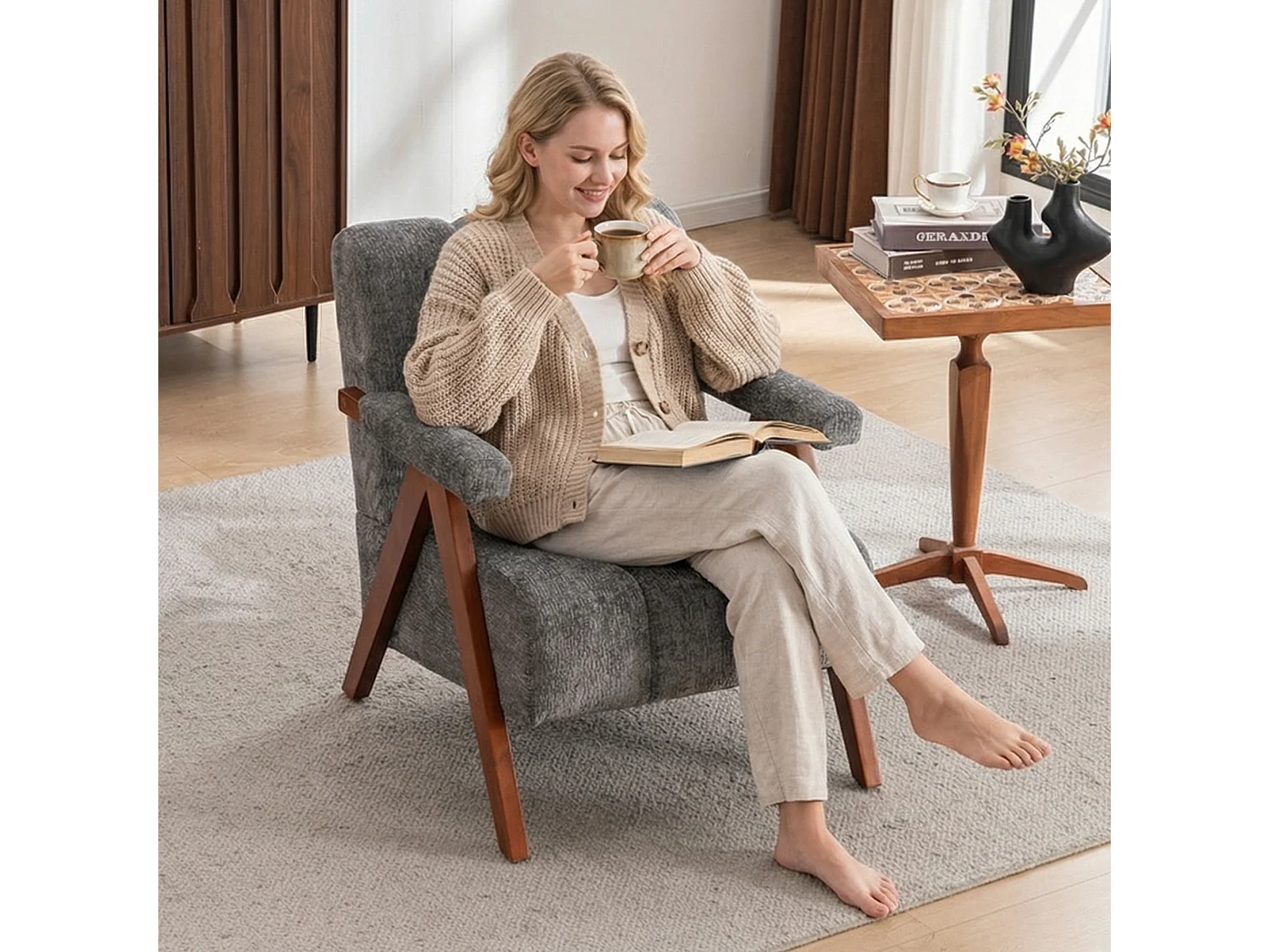 Fauteuil d'appoint en tissu bouclé avec structure en bois, pour salon et chambre, gris
