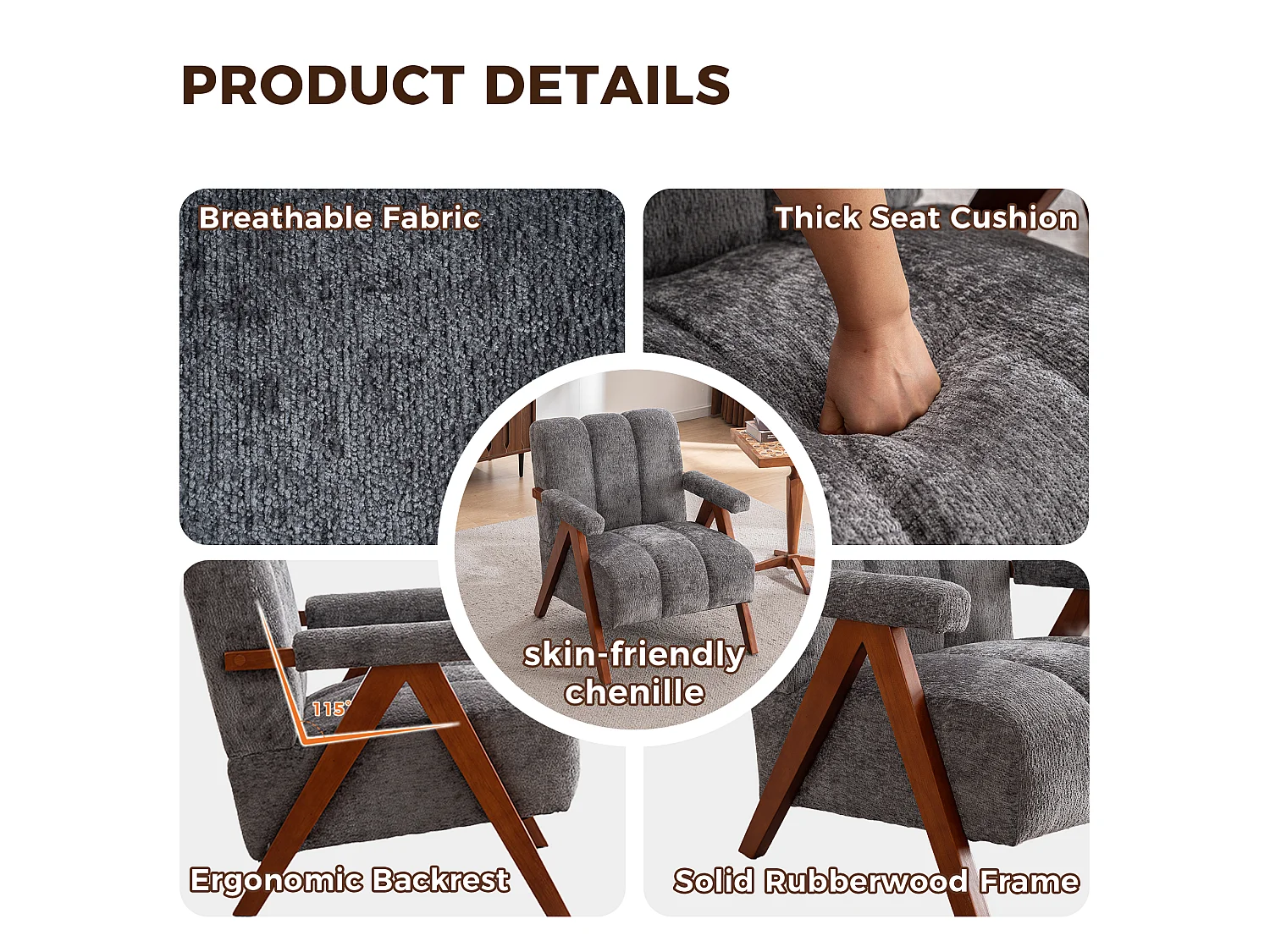 Fauteuil d'appoint en tissu bouclé avec structure en bois, pour salon et chambre, gris