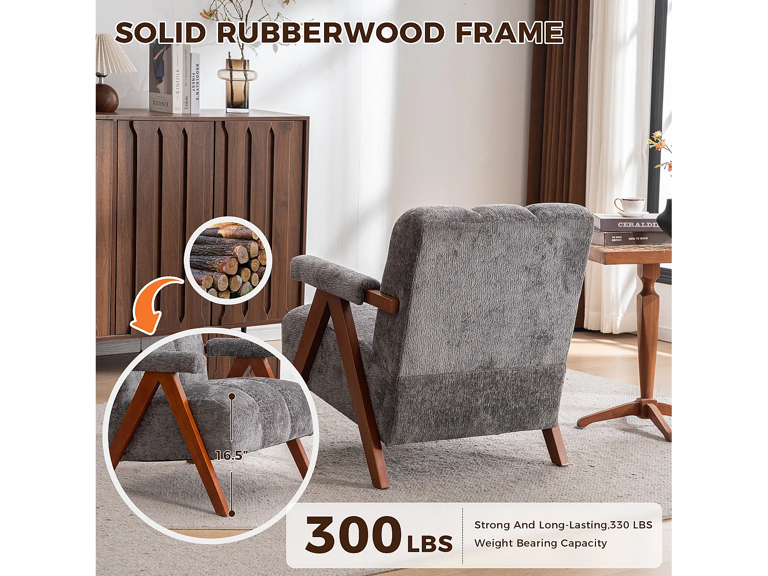 Fauteuil d'appoint en tissu bouclé avec structure en bois, pour salon et chambre, gris