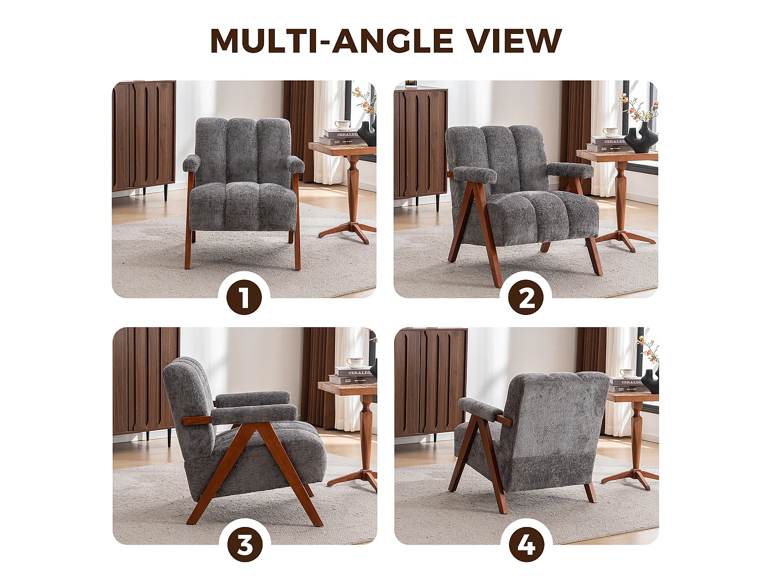 Fauteuil d'appoint en tissu bouclé avec structure en bois, pour salon et chambre, gris