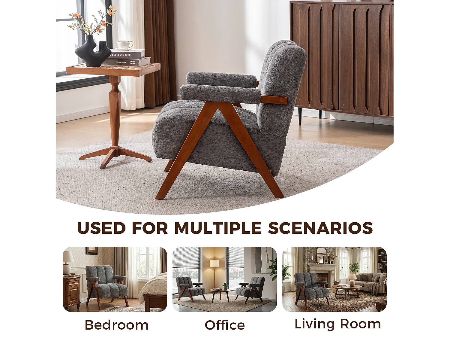 Fauteuil d'appoint en tissu bouclé avec structure en bois, pour salon et chambre, gris