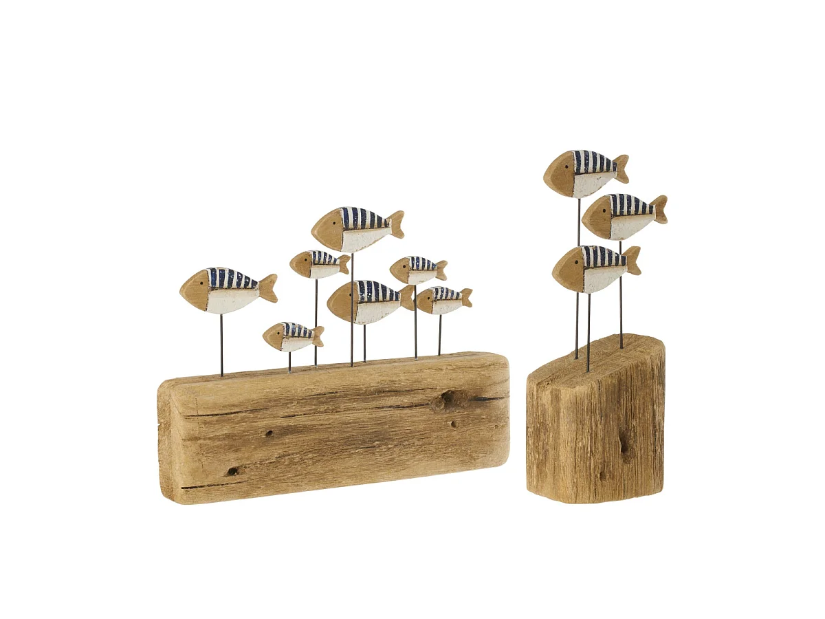 Statuette Déco en Bois "Banc de Poissons" 30cm Bleu
