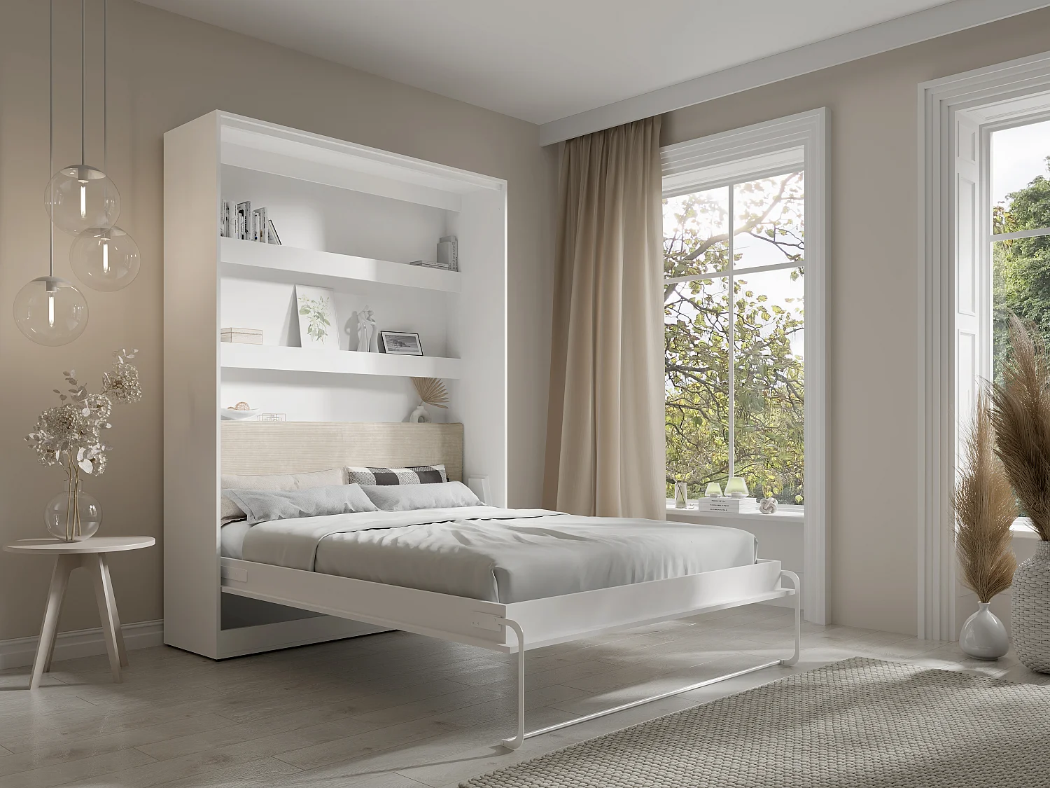 Lit escamotable 140 x 200 cm avec tête de lit en velours côtelé - Ouverture verticale manuelle - Avec LEDs - Blanc + Matelas - RAPILI