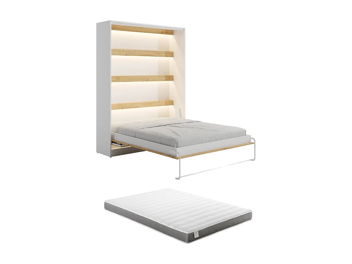 Lit escamotable 140 x 200 cm - Avec bureau pliable - Ouverture verticale manuelle - Avec LEDs - Blanc et naturel + Matelas - RAPILI