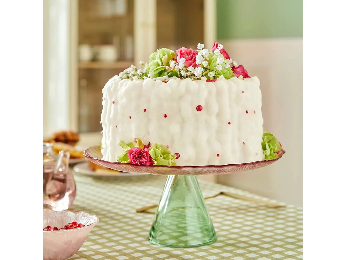 Présentoir à Gâteaux en Verre "Fleur" 28cm Rose & Vert