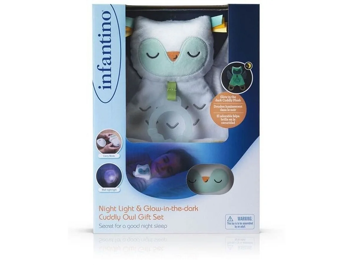 Coffret Infantino Chouette rechargeable : veilleuse murale nomade et doudou lumineux