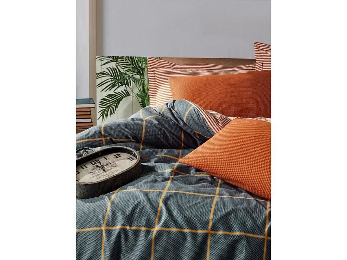 Housse de couette 220 x 240 cm avec 2 taies 60 x 60 cm - 100% coton renforcé, Cannelle/Bleu foncé