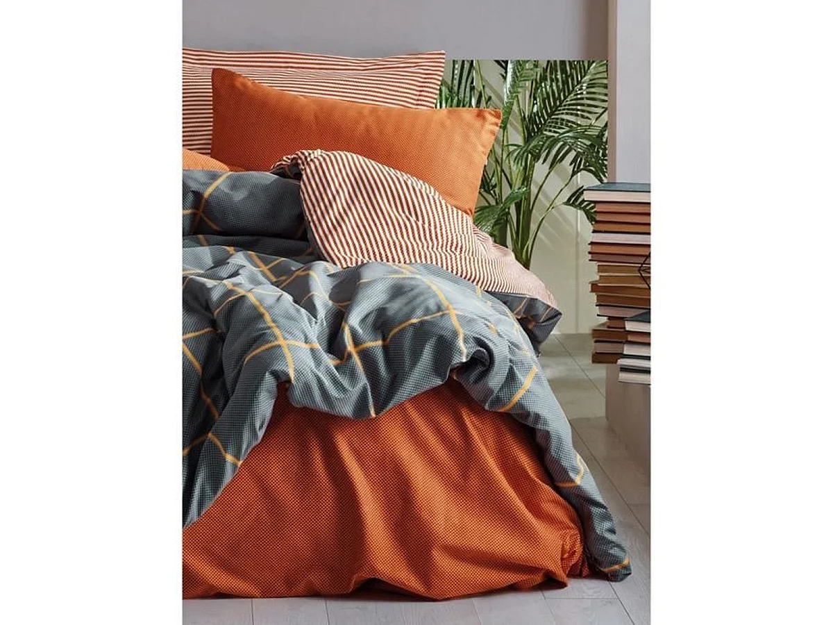 Housse de couette 220 x 240 cm avec 2 taies 60 x 60 cm - 100% coton renforcé, Cannelle/Bleu foncé