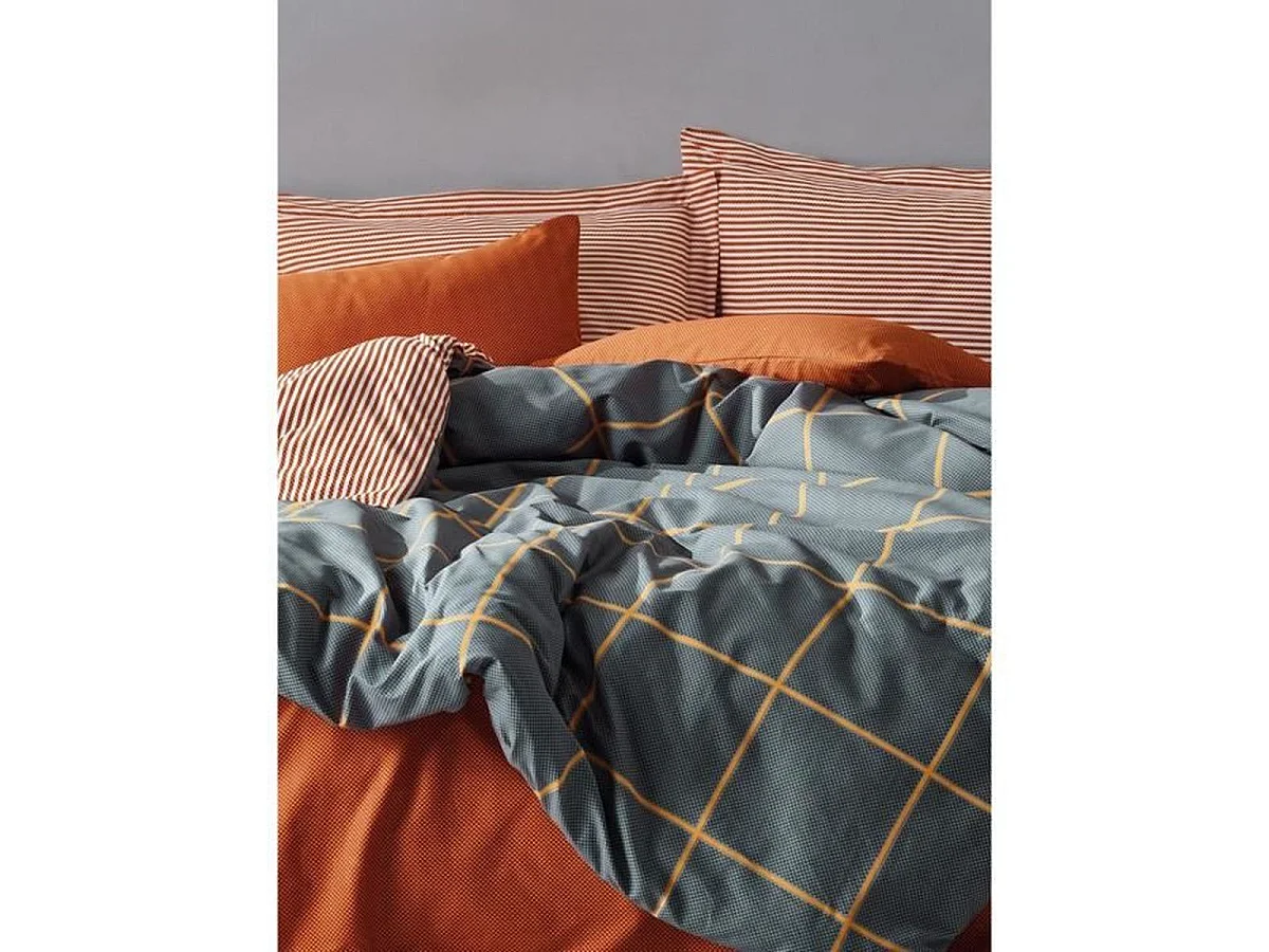 Housse de couette 220 x 240 cm avec 2 taies 60 x 60 cm - 100% coton renforcé, Cannelle/Bleu foncé