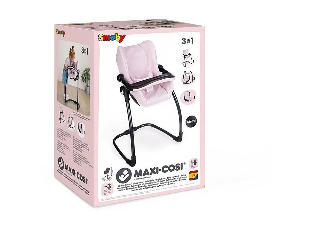 Smoby Maxi‑Cosi Siège poupon 3-en-1 : chaise haute, transat et siège auto, rose