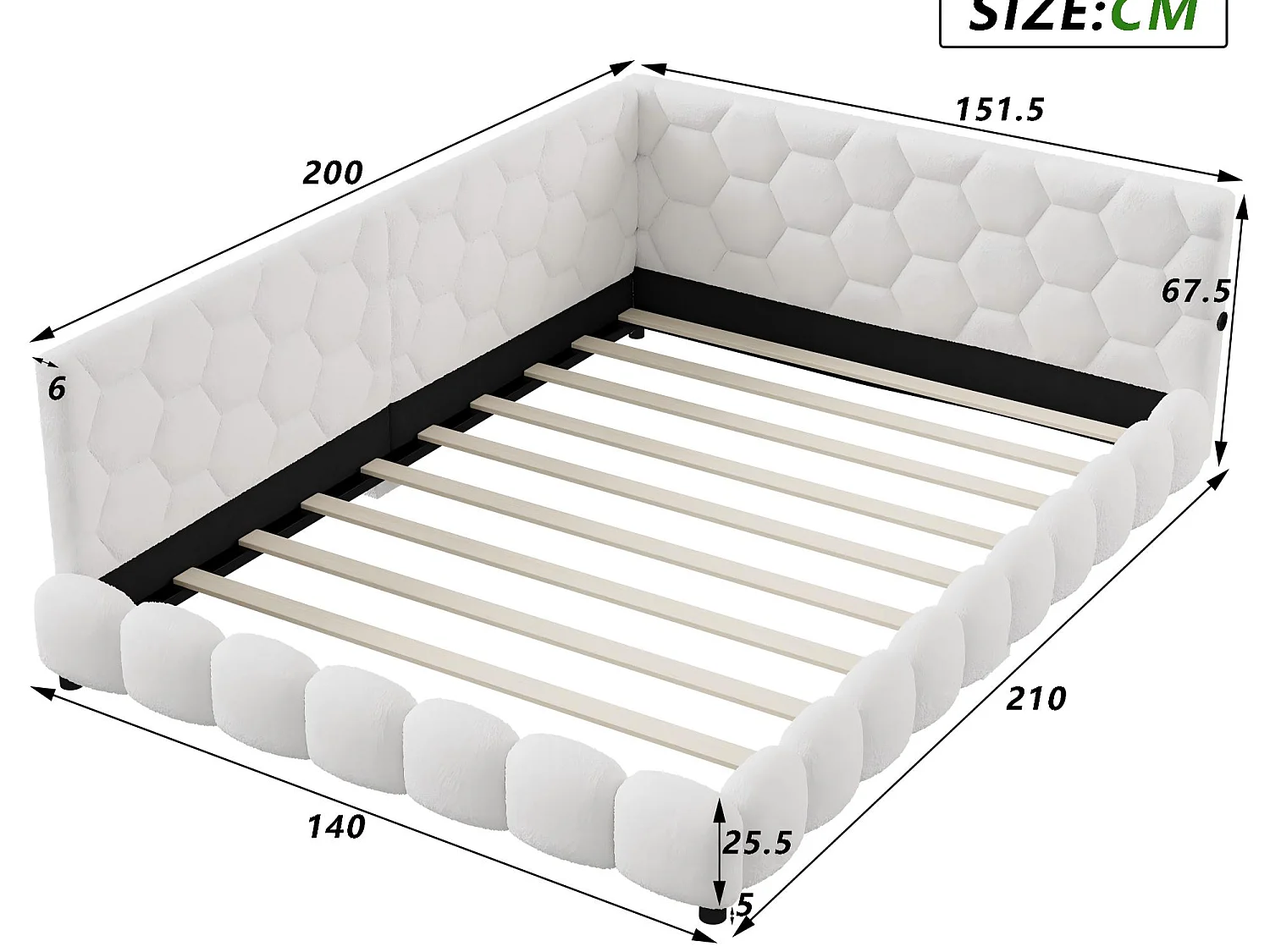 Canapé lit 140x200 cm Blanc avec sommier à lattes, lit double rembourré LED avec prise USB, tête de lit douce et confortable