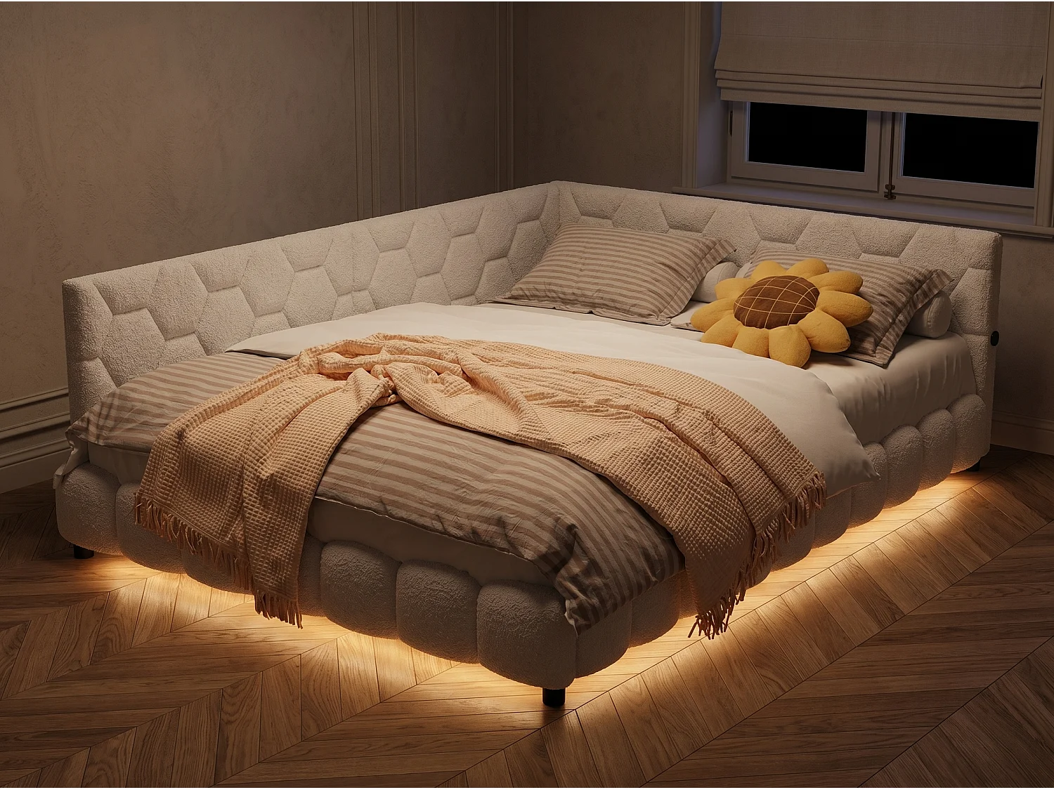 Canapé lit 140x200 cm Blanc avec sommier à lattes, lit double rembourré LED avec prise USB, tête de lit douce et confortable