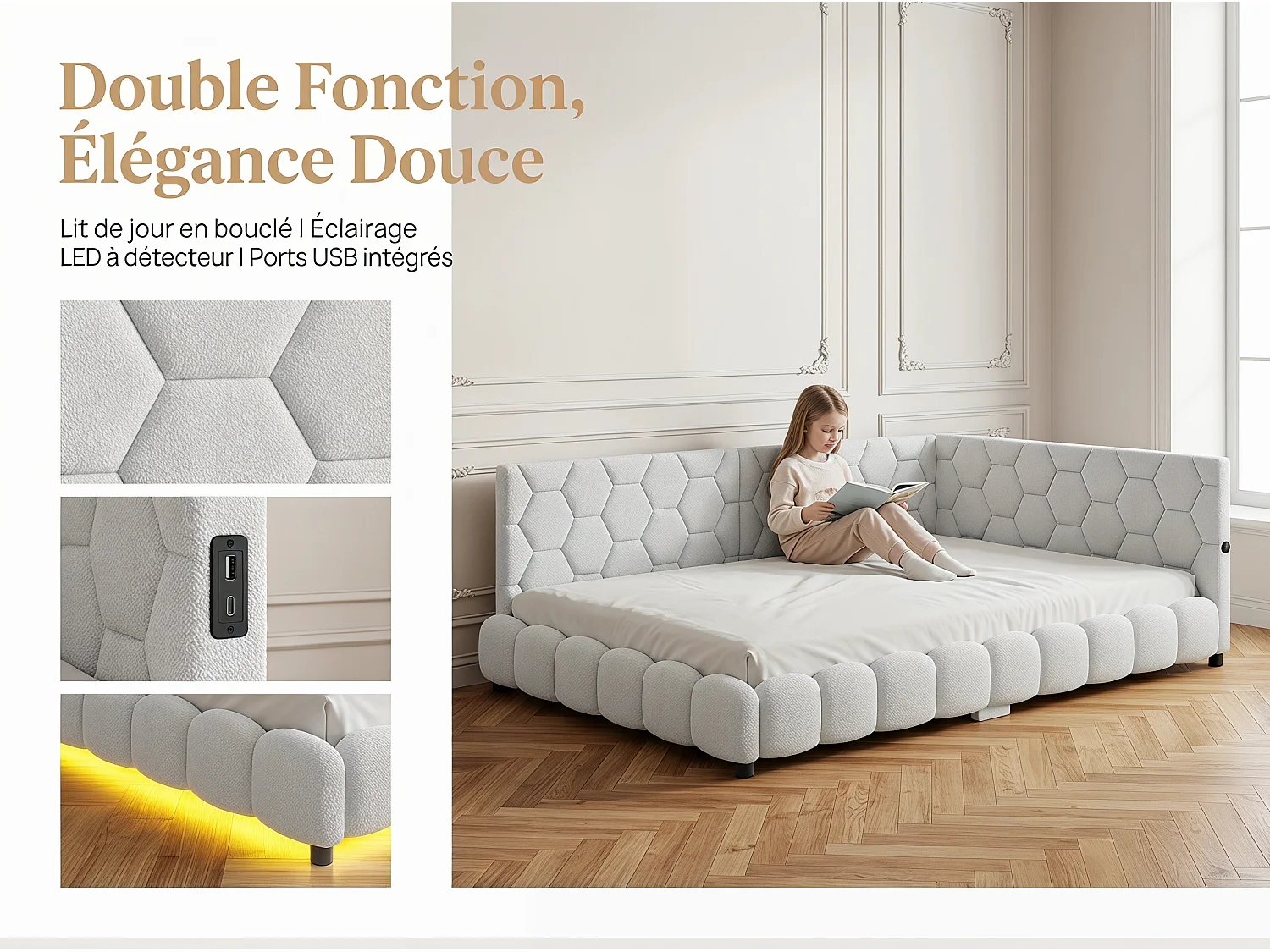 Canapé lit 140x200 cm Blanc avec sommier à lattes, lit double rembourré LED avec prise USB, tête de lit douce et confortable
