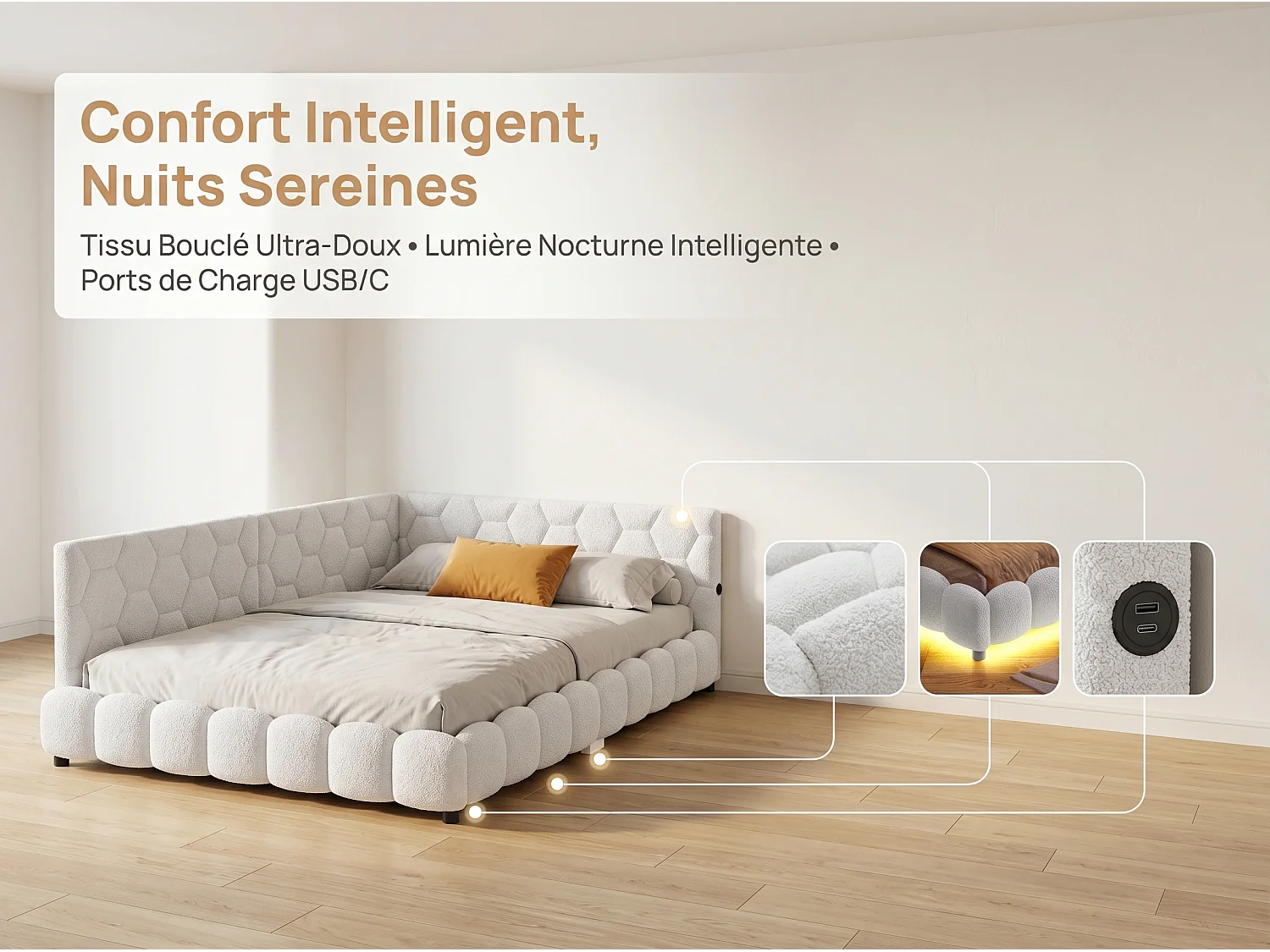 Canapé lit 140x200 cm Blanc avec sommier à lattes, lit double rembourré LED avec prise USB, tête de lit douce et confortable