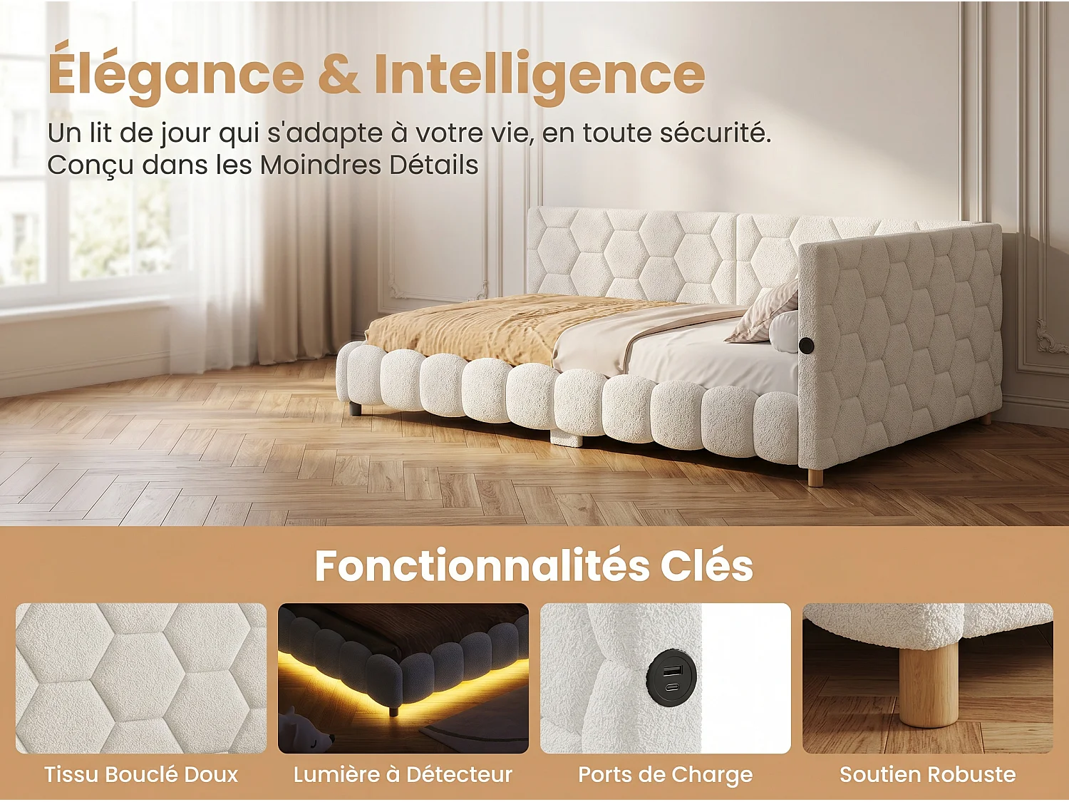Canapé lit 140x200 cm Blanc avec sommier à lattes, lit double rembourré LED avec prise USB, tête de lit douce et confortable