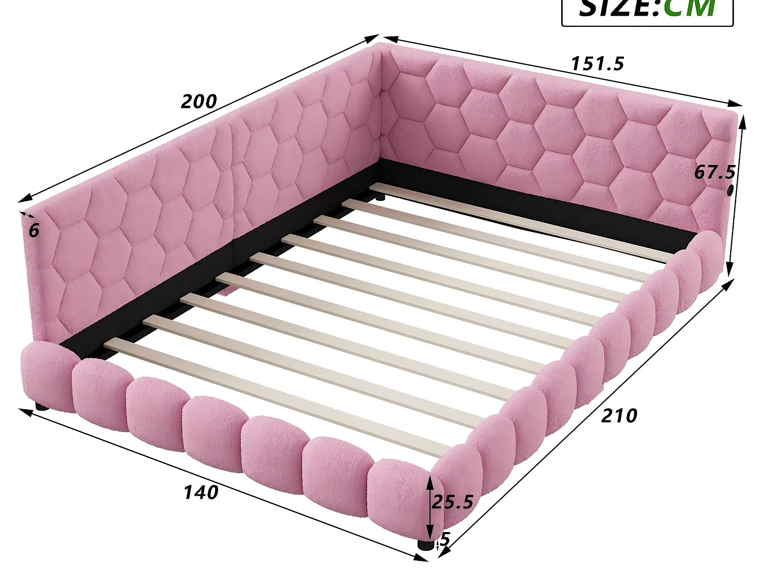 Canapé lit 140x200 cm Rose avec sommier à lattes, lit double rembourré LED avec prise USB, tête de lit douce et confortable