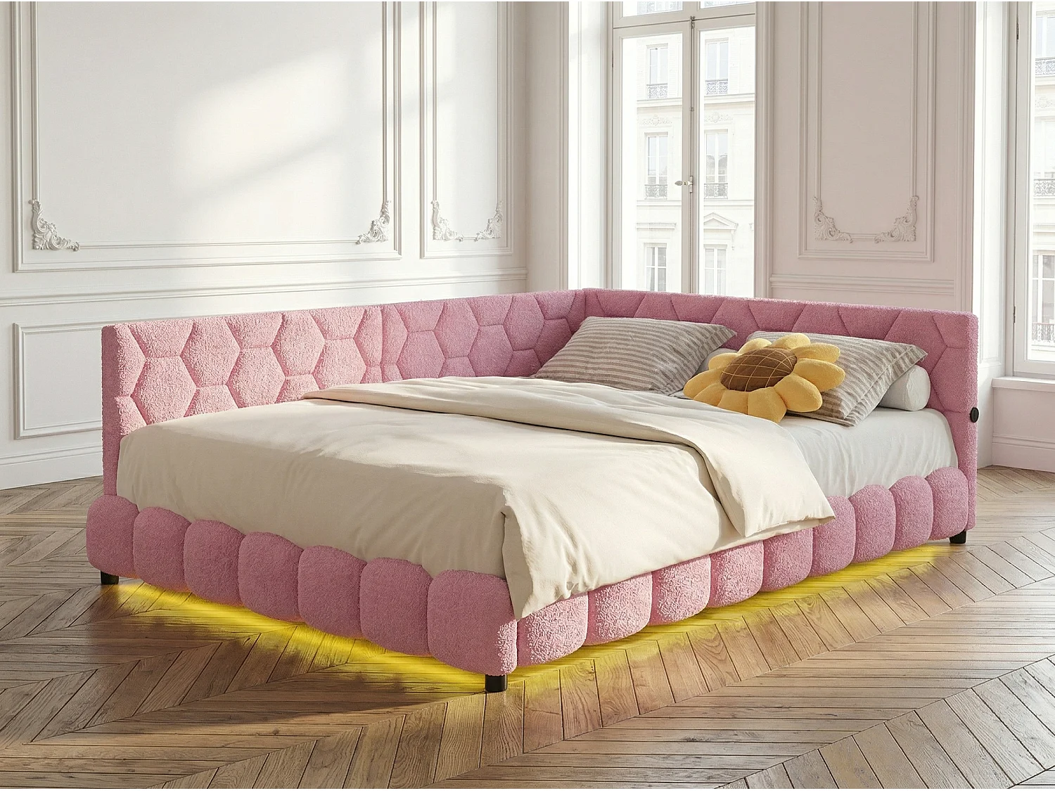 Canapé lit 140x200 cm Rose avec sommier à lattes, lit double rembourré LED avec prise USB, tête de lit douce et confortable