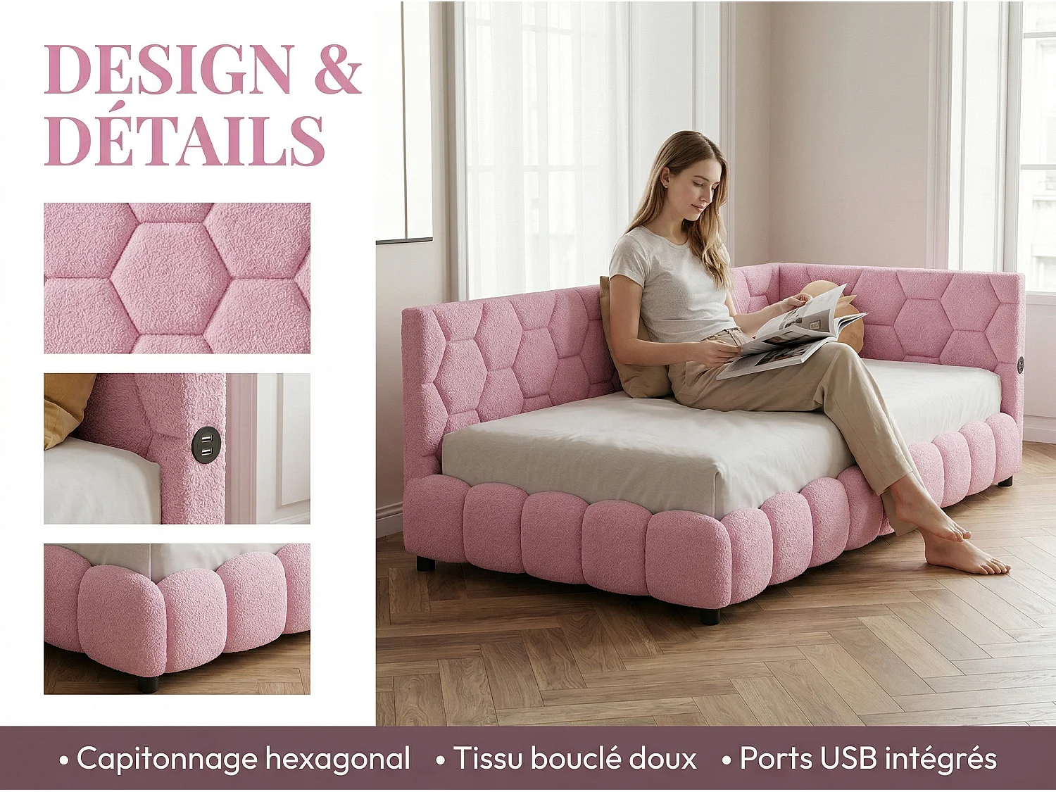 Canapé lit 140x200 cm Rose avec sommier à lattes, lit double rembourré LED avec prise USB, tête de lit douce et confortable