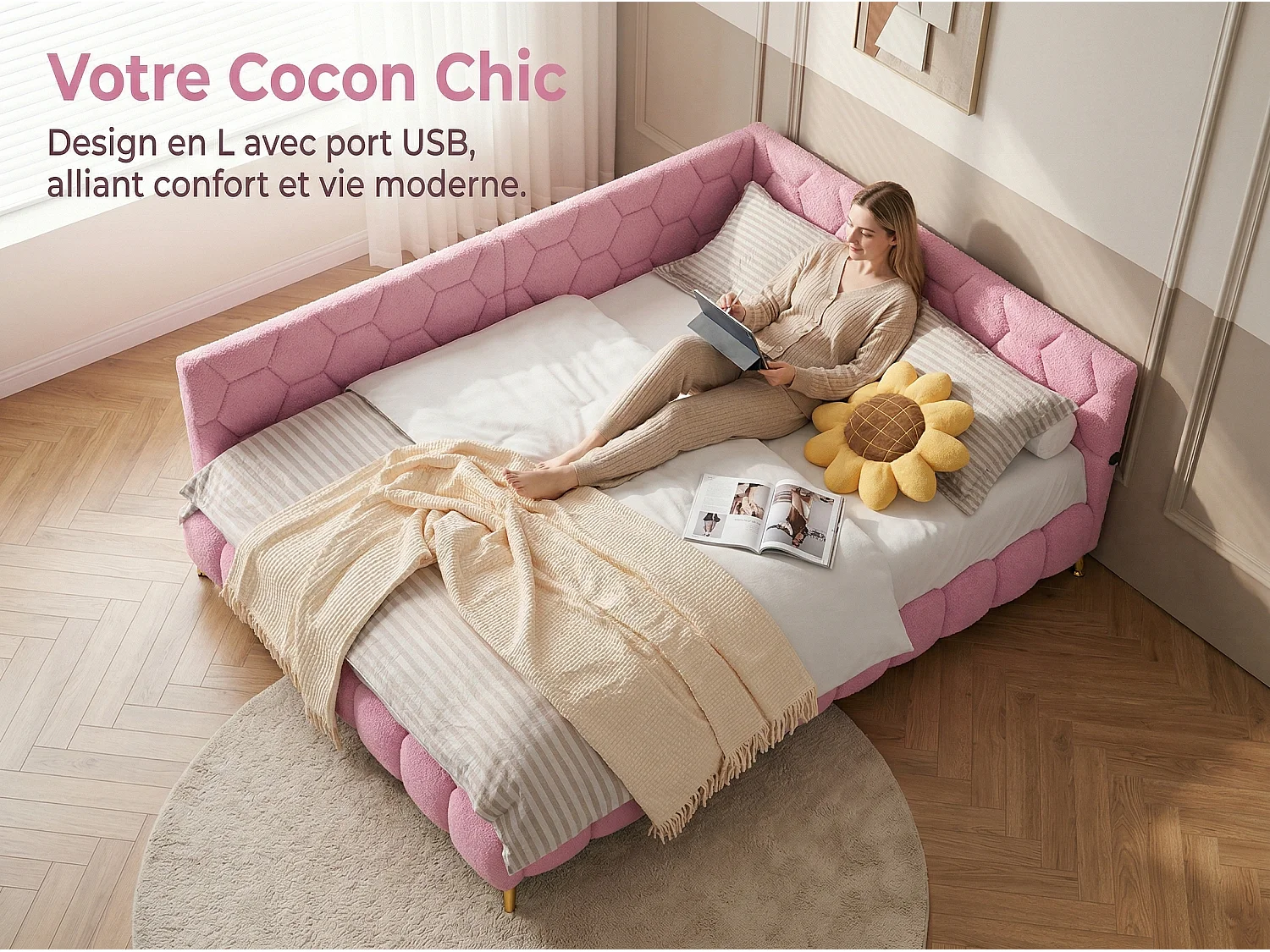 Canapé lit 140x200 cm Rose avec sommier à lattes, lit double rembourré LED avec prise USB, tête de lit douce et confortable