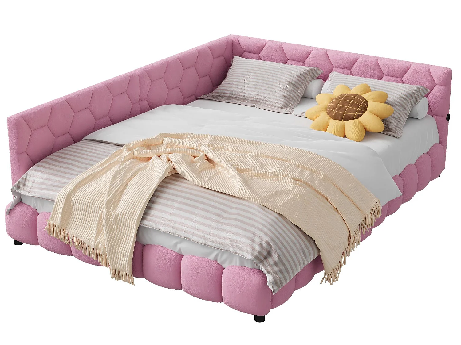 Canapé lit 140x200 cm Rose avec sommier à lattes, lit double rembourré LED avec prise USB, tête de lit douce et confortable