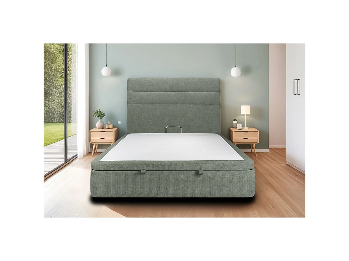 Lit coffre 160x200cm avec tête de lit lignes Tissu Vert - Hauteur totale : 39cm