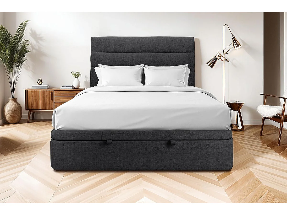 Lit coffre 180x200cm avec tête de lit lignes Tissu Noir - Hauteur totale : 39cm