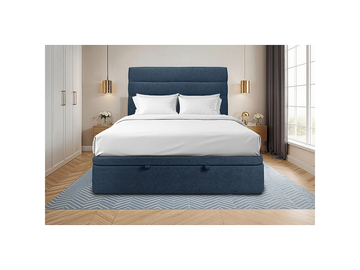 Lit coffre 140x200cm avec tête de lit lignes Tissu Bleu - Hauteur totale : 39cm