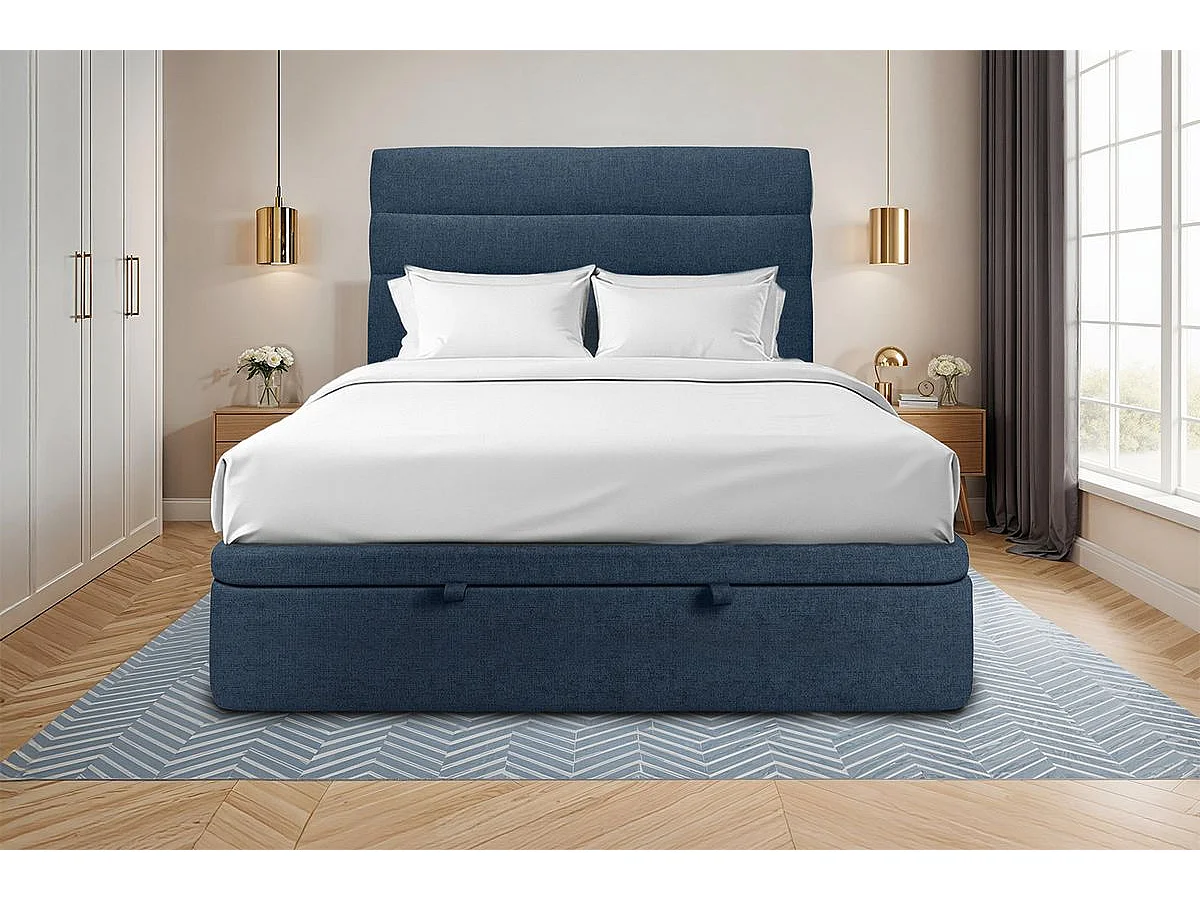 Lit coffre 180x200cm avec tête de lit lignes Tissu Bleu - Hauteur totale : 39cm
