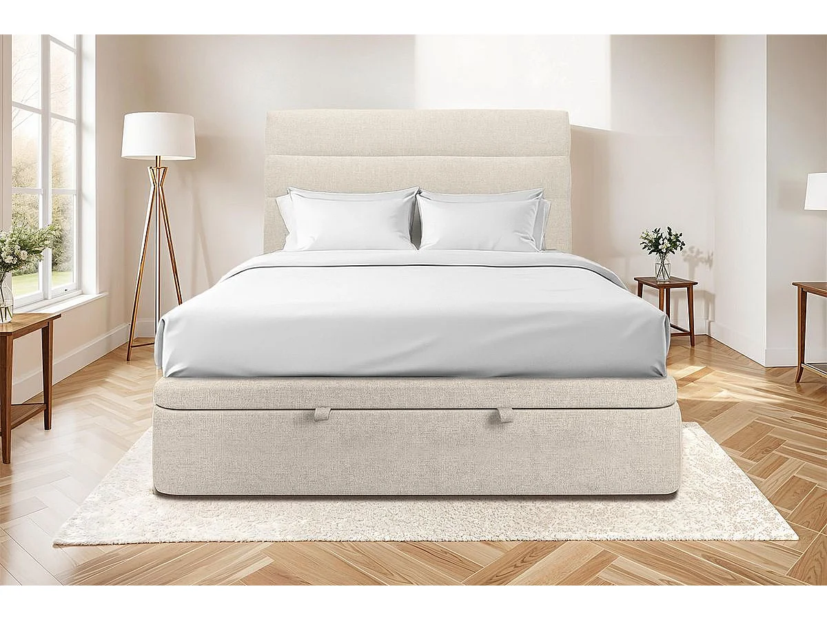 Lit coffre 160x200cm avec tête de lit lignes Tissu Beige clair - Hauteur totale : 39cm