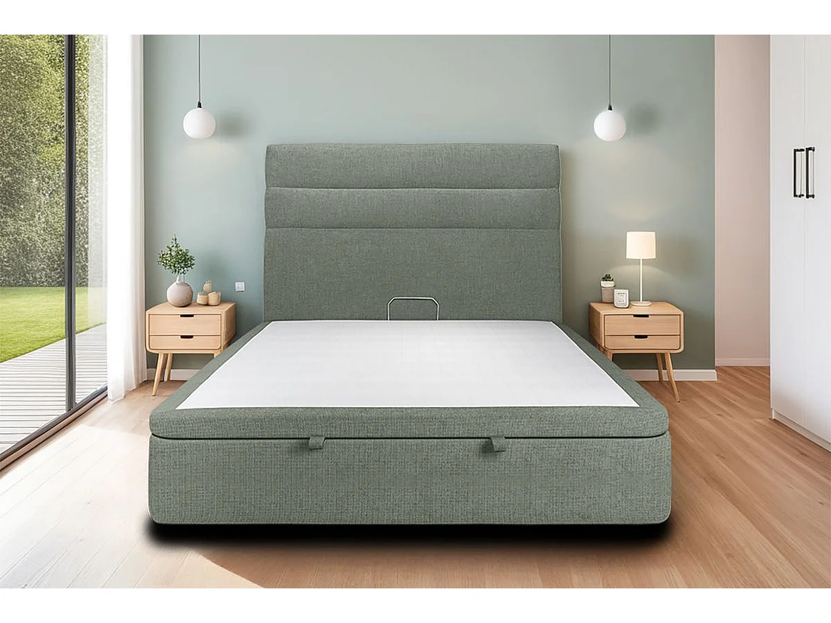 Lit coffre 200x200cm avec tête de lit lignes Tissu Vert - Hauteur totale : 39cm