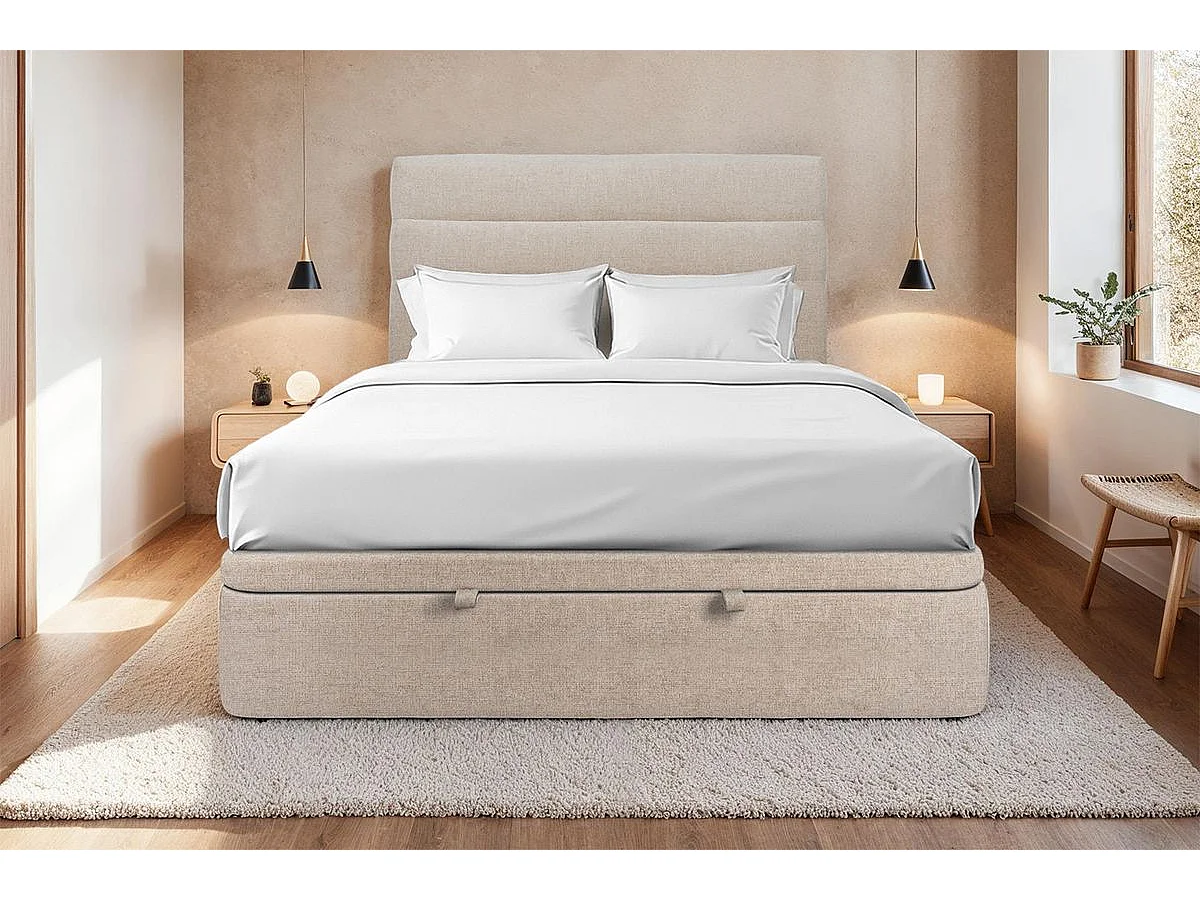 Lit coffre 180x200cm avec tête de lit lignes Tissu Beige brun - Hauteur totale : 39cm