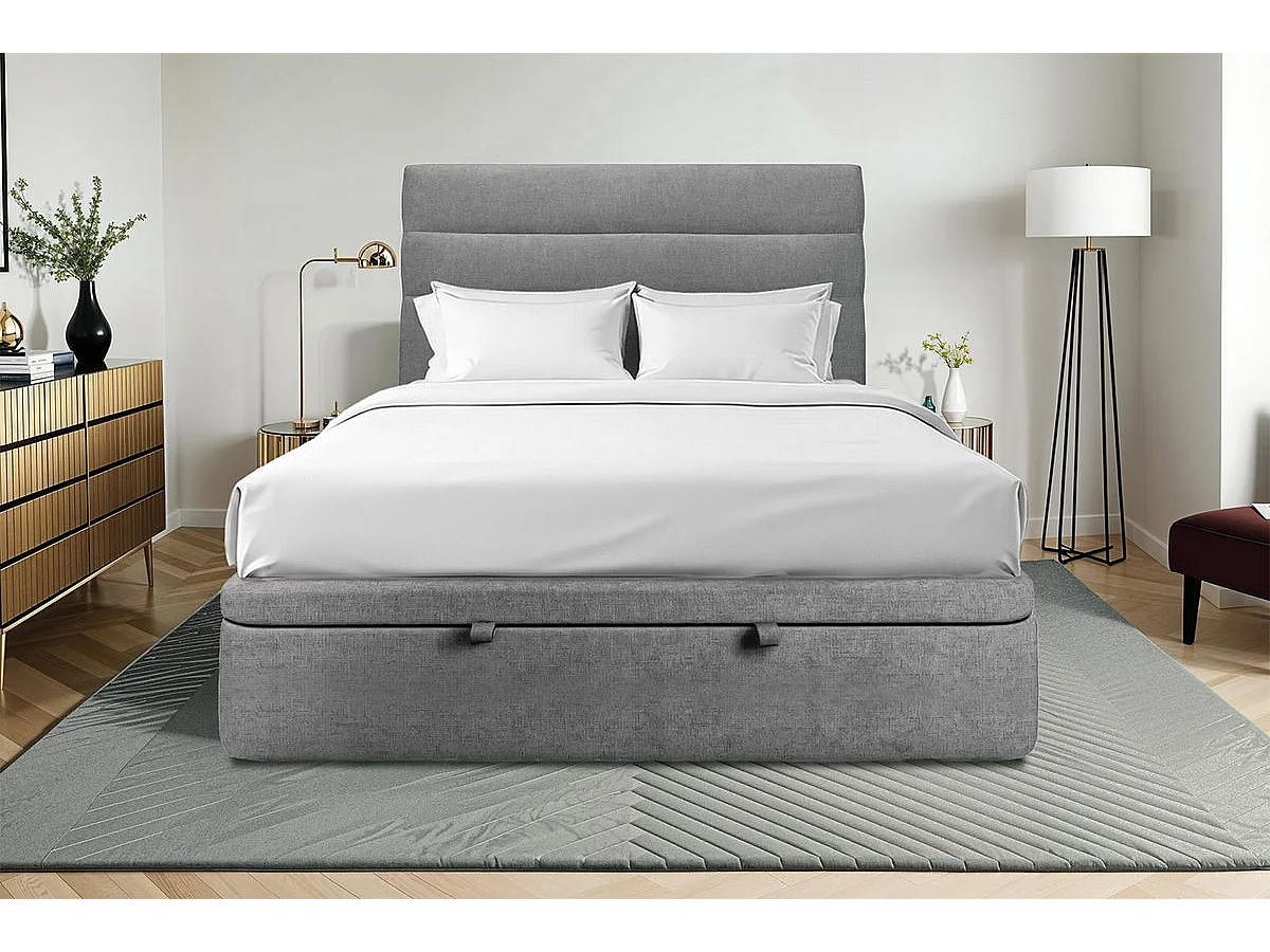 Lit coffre 160x200cm avec tête de lit lignes Tissu Gris anthracite - Hauteur totale : 39cm