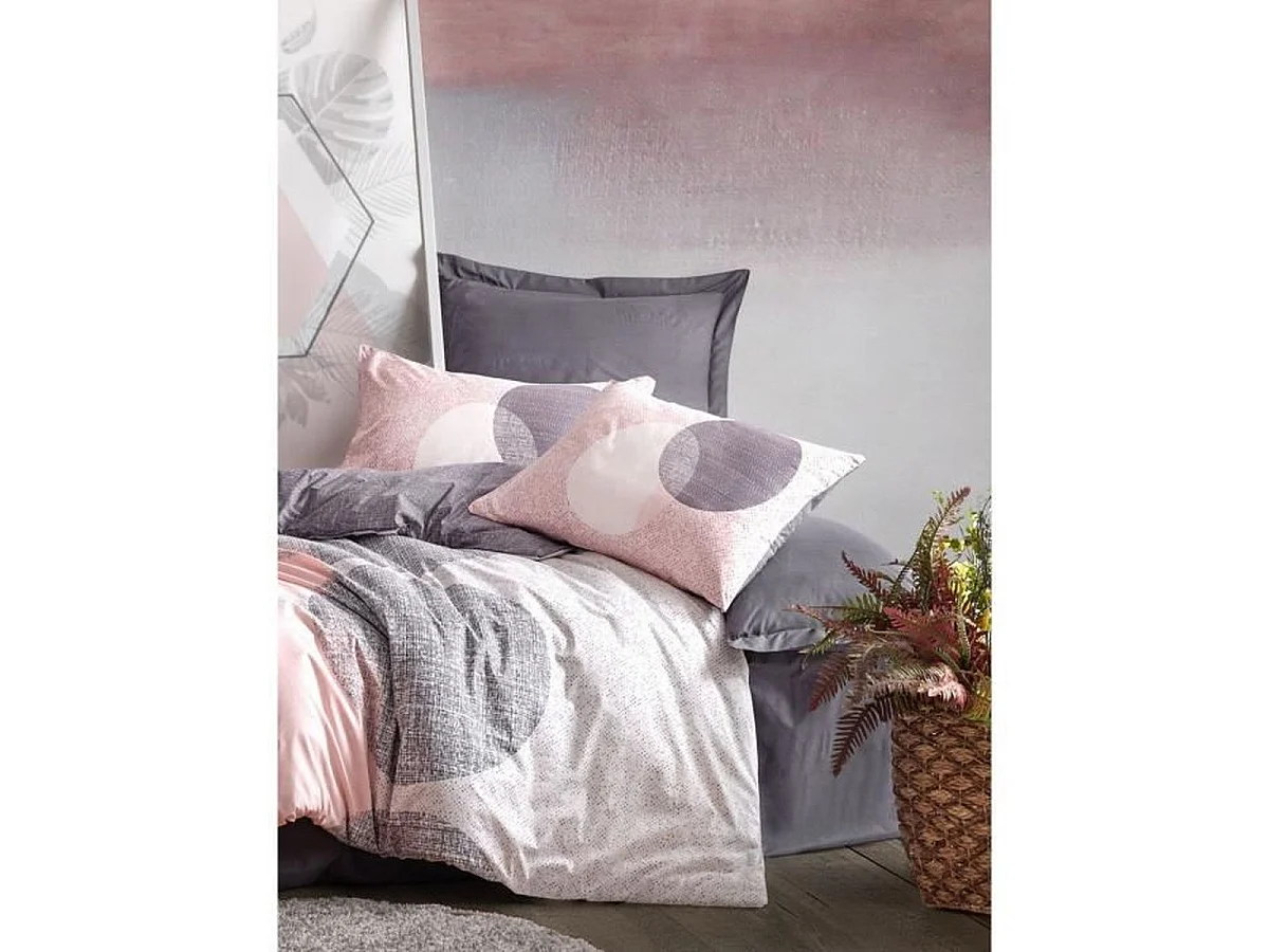 Parure de lit GpasPlus en coton ranforcé 220 x 240 cm avec 2 taies 60 x 60 cm - Gris/Rose/Blanc