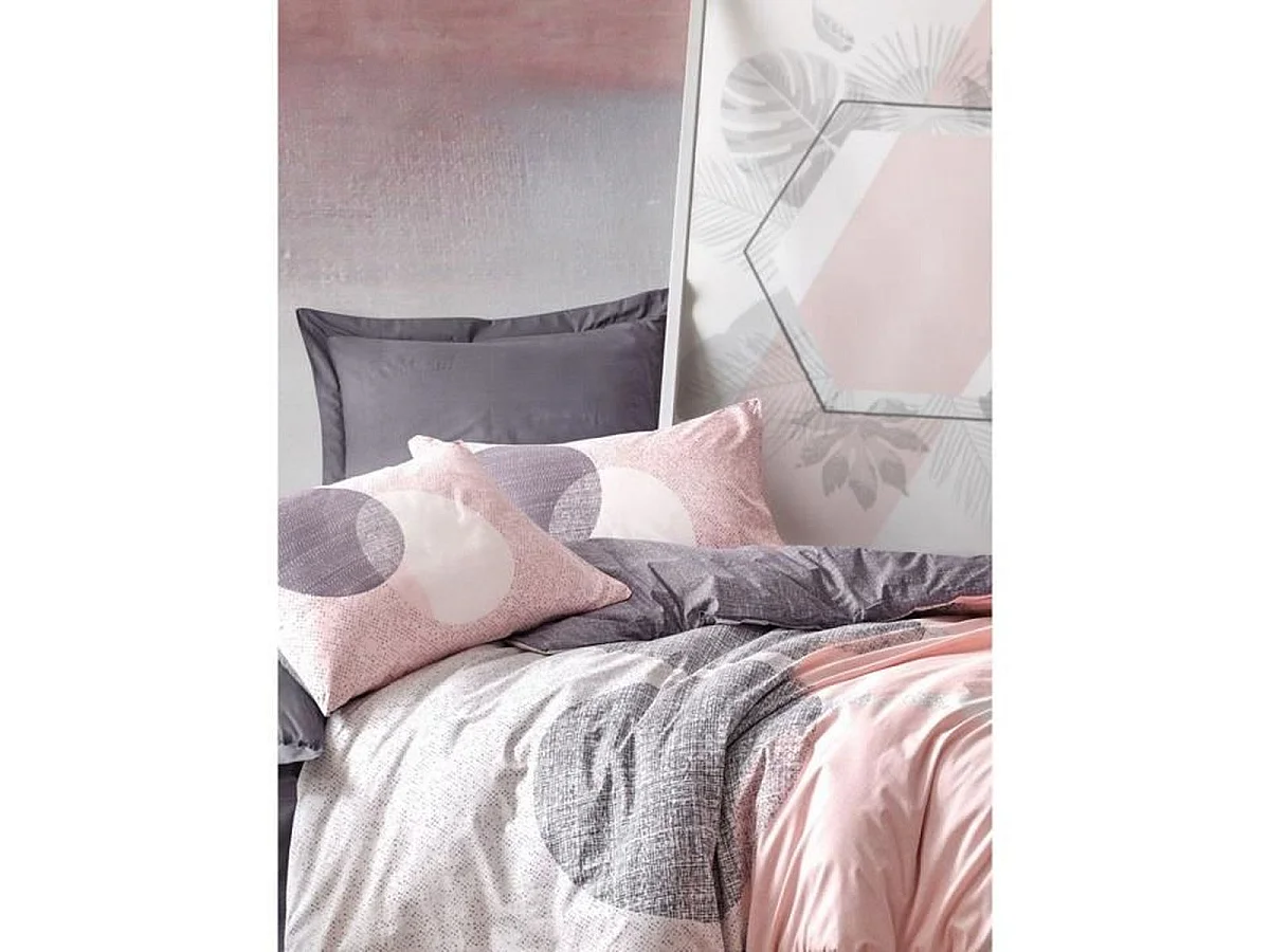 Parure de lit GpasPlus en coton ranforcé 220 x 240 cm avec 2 taies 60 x 60 cm - Gris/Rose/Blanc