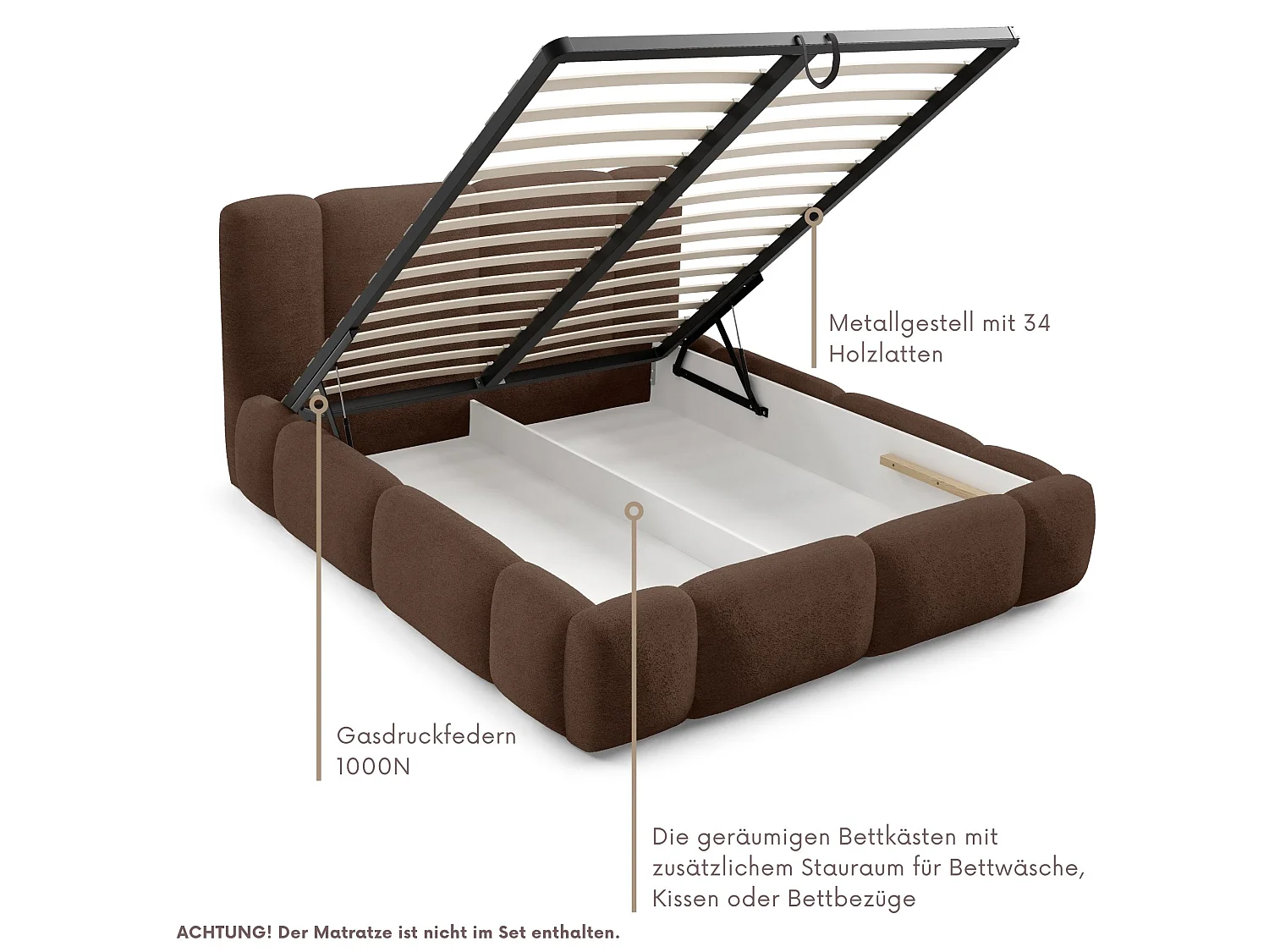 FURNISTAR BIANNO - 120 x 200. Gestoffeerd bed met opbergruimte, tweepersoonsbed met lattenbodem, boxspringlook, zonder matras, voor slaapkamer - BRUIN