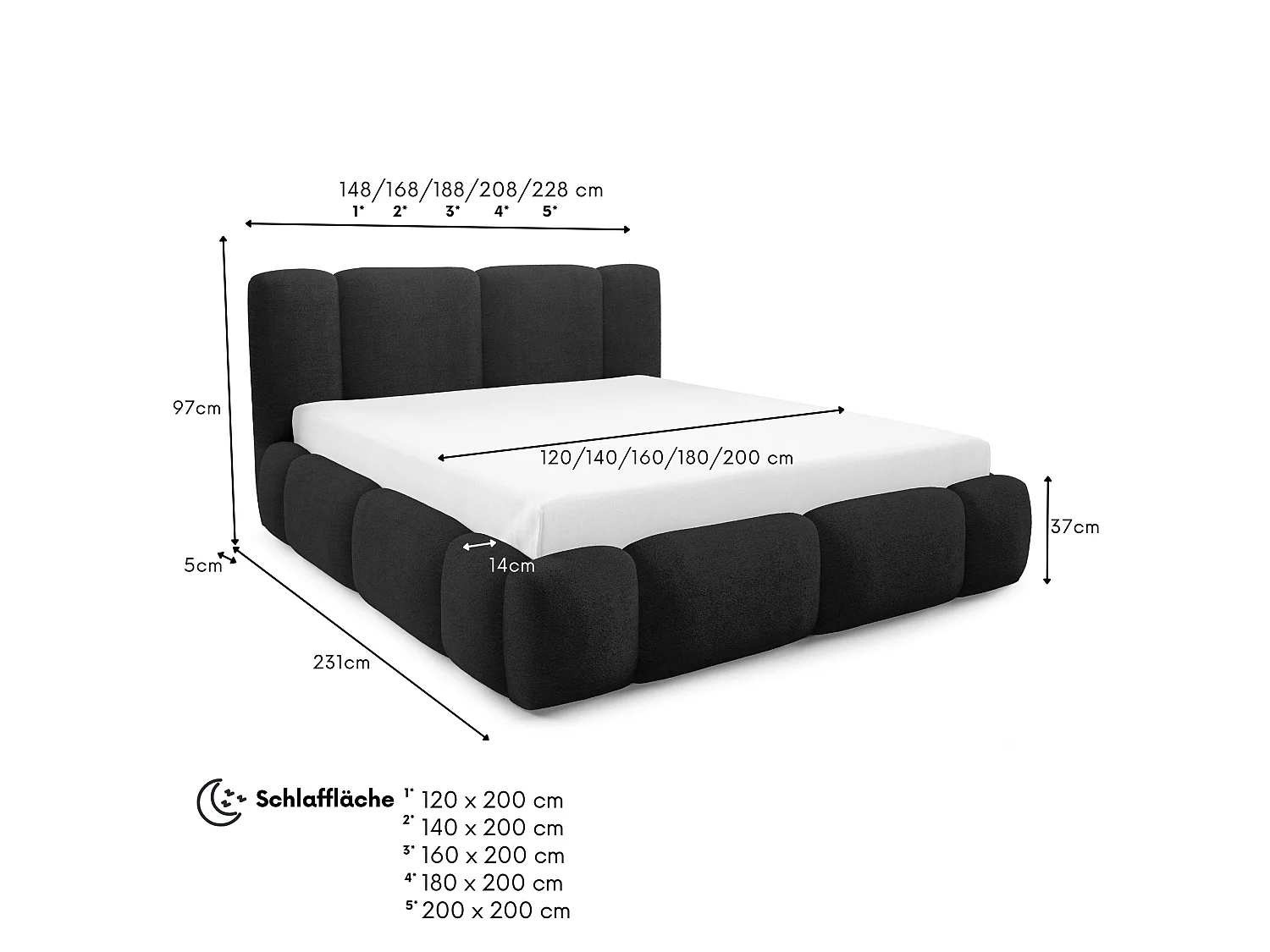 FURNISTAR BIANNO - 180 x 200. Gestoffeerd bed met opbergruimte, tweepersoonsbed met lattenbodem, boxspringlook, zonder matras, voor slaapkamer - ZWART